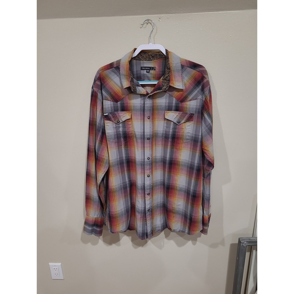 Tin Haul Men's 2XL plaid Western Cowboy Shirt Pearl Snap Rodeo Ranch blue orange